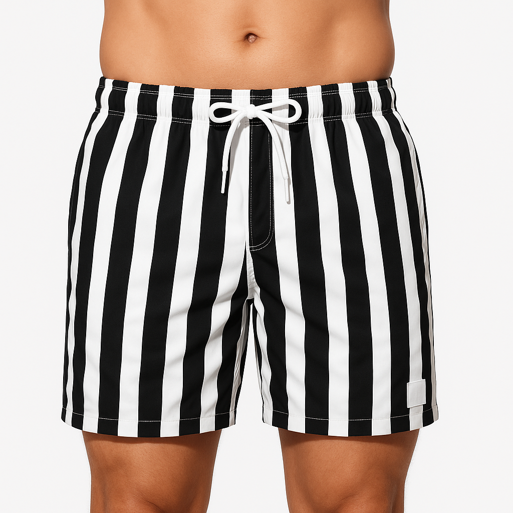 Men's striped swim trunks shown from the side angle