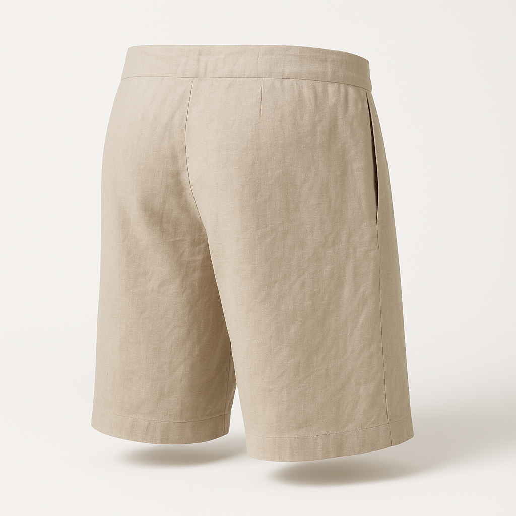 Close-up of the breathable woven fabric and flat seams on the casual shorts