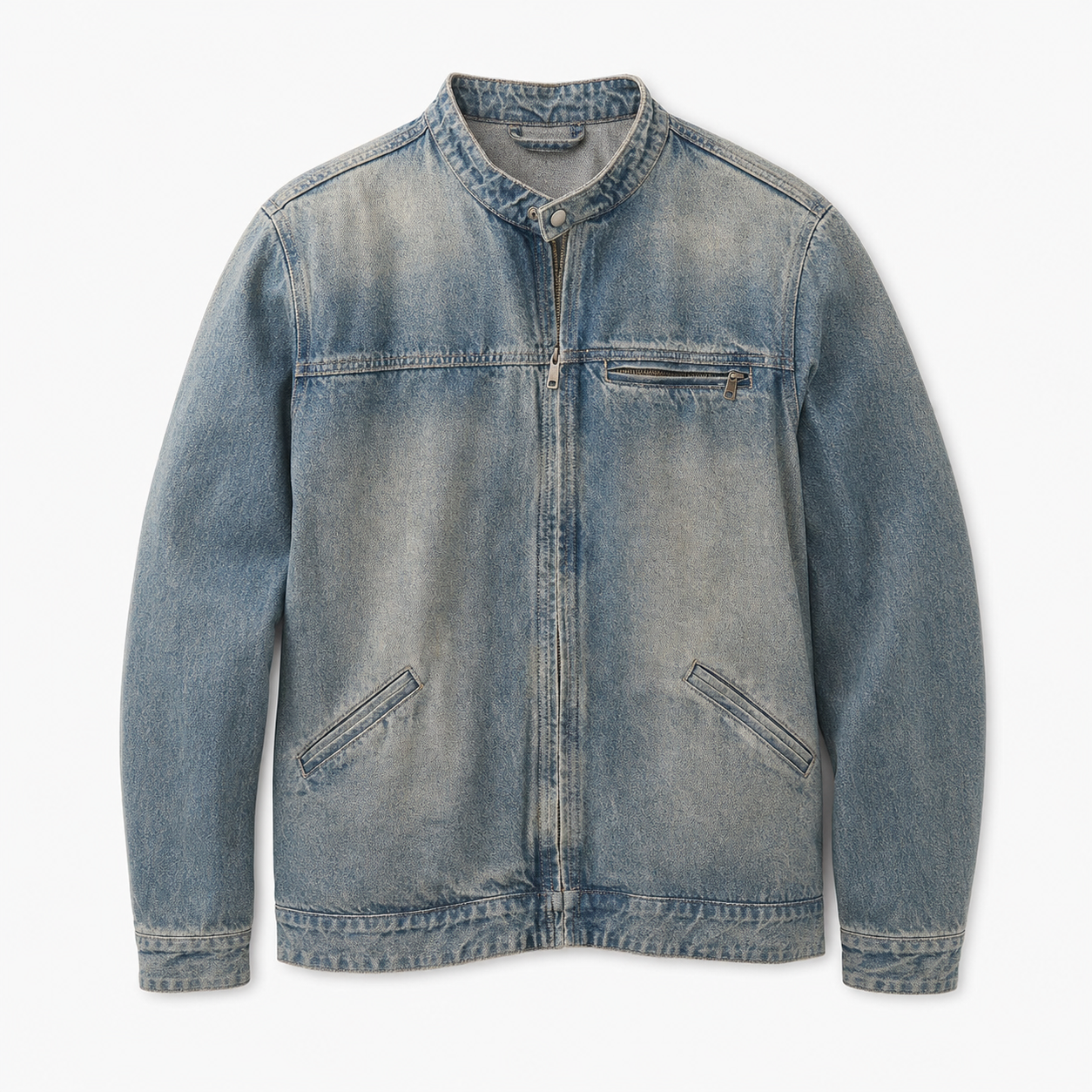 Mens band-collar denim jacket in Vintage blue, worn open over a plain tee