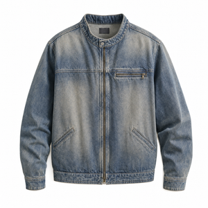 Front view of the Vintage blue denim jacket showing the band collar and buttons