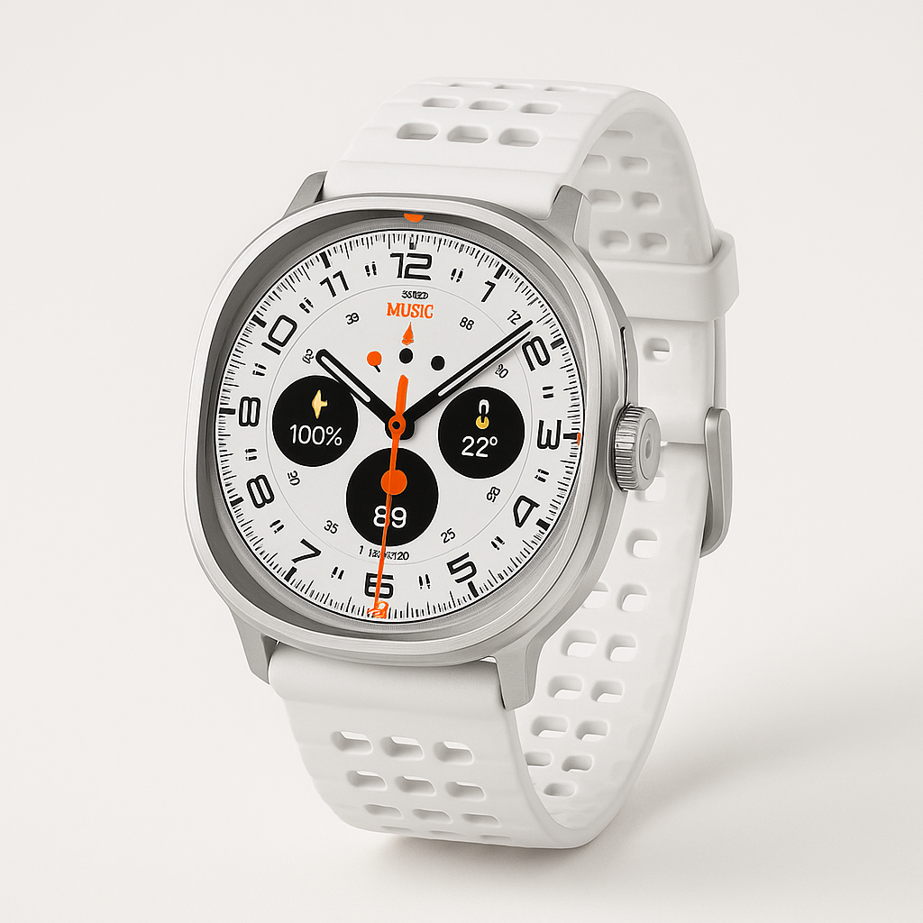 Side angle of the smartwatch showing the case profile and buckle