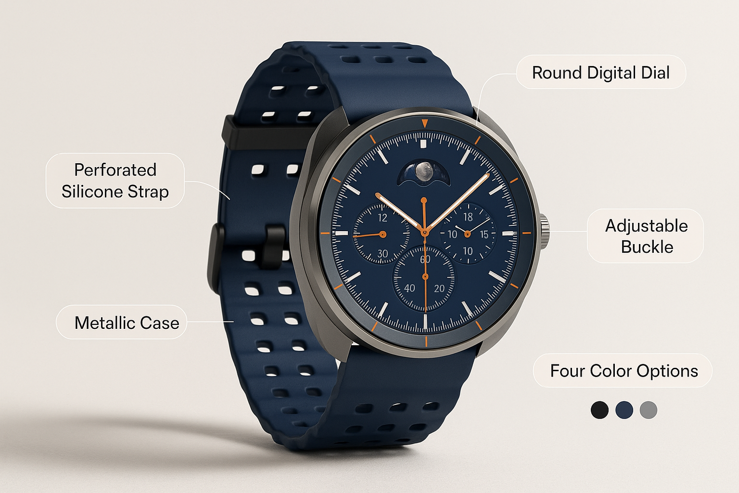 multifunction bluetooth smart watch with perforated silicone strap round digital dial four color options 5