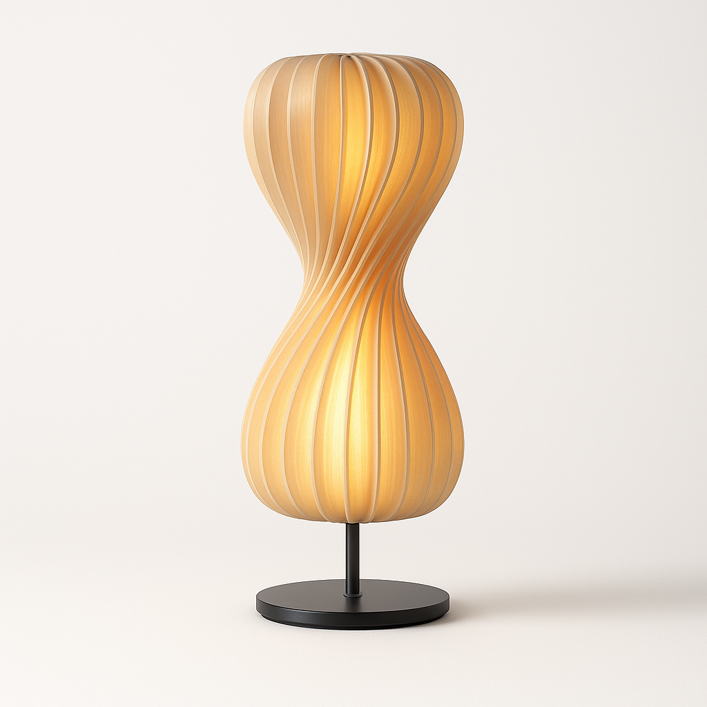 Twisted petal spiral lamp, front view of the wood slat hourglass shade on a slim base