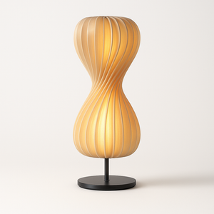 Twisted petal spiral lamp, front view of the wood slat hourglass shade on a slim base