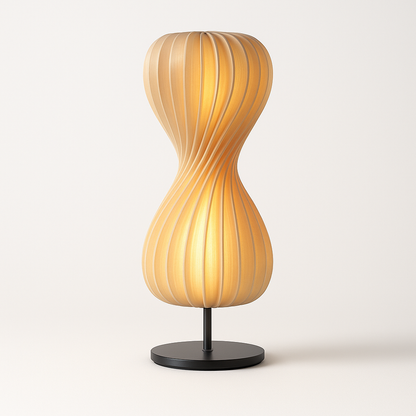 Twisted petal spiral lamp, front view of the wood slat hourglass shade on a slim base
