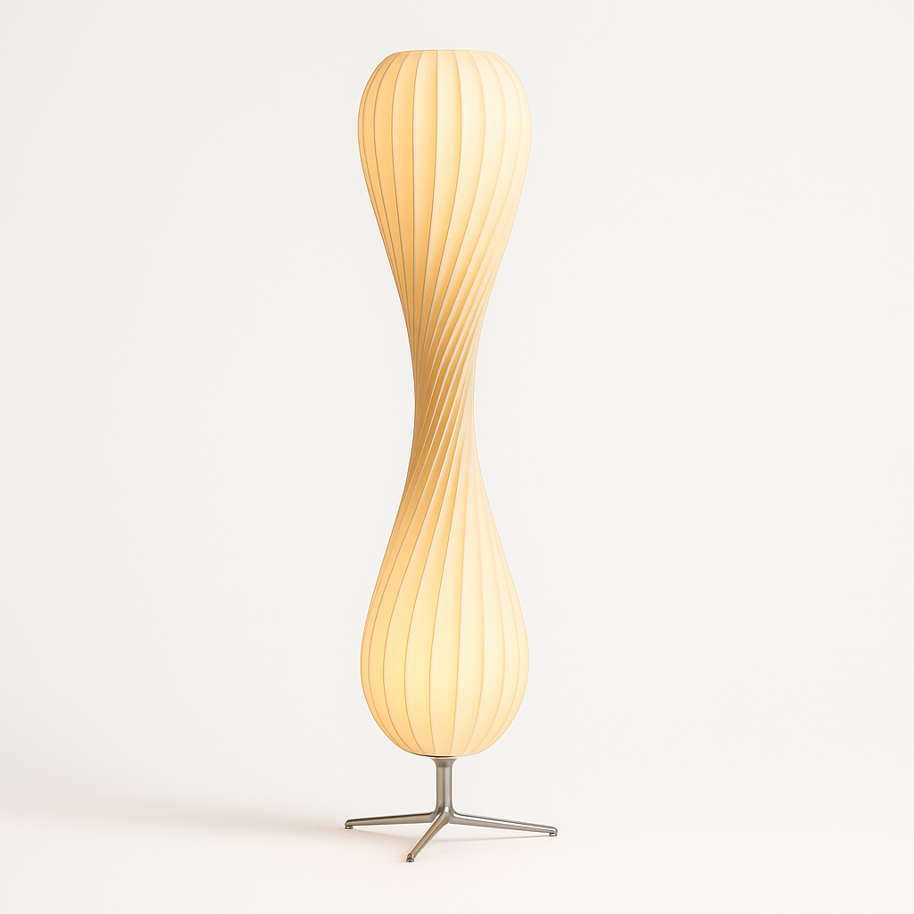 Twisted spiral wood slat lamp switched on, warm light glowing through the slats