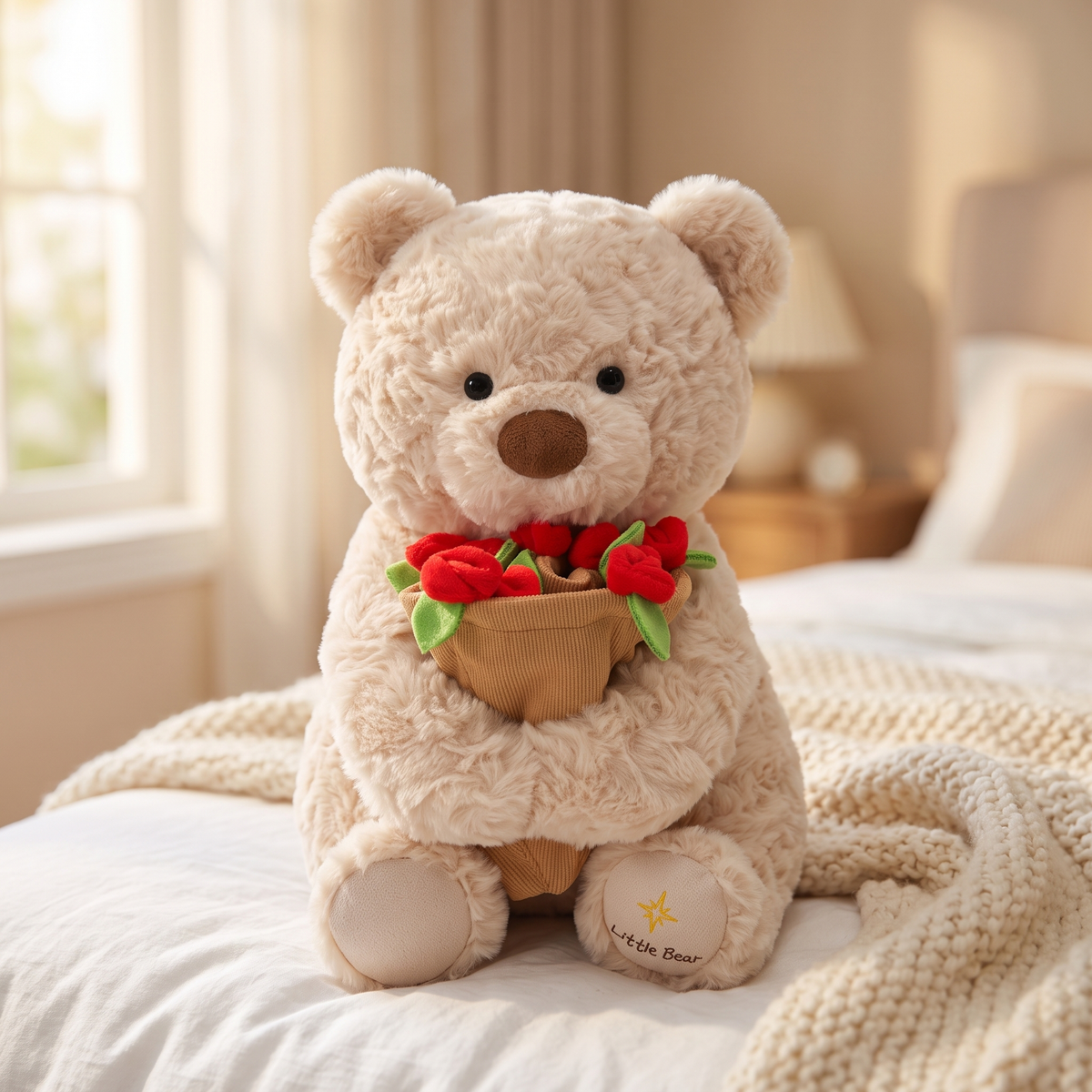 Cream plush rose bear sitting on a cozy bed holding a red rose bouquet