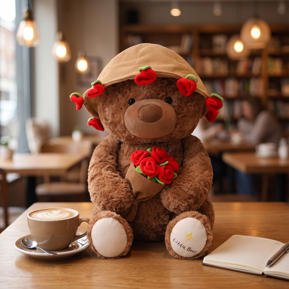 Brown plush rose bear with rose corduroy hat on a cozy cafe table