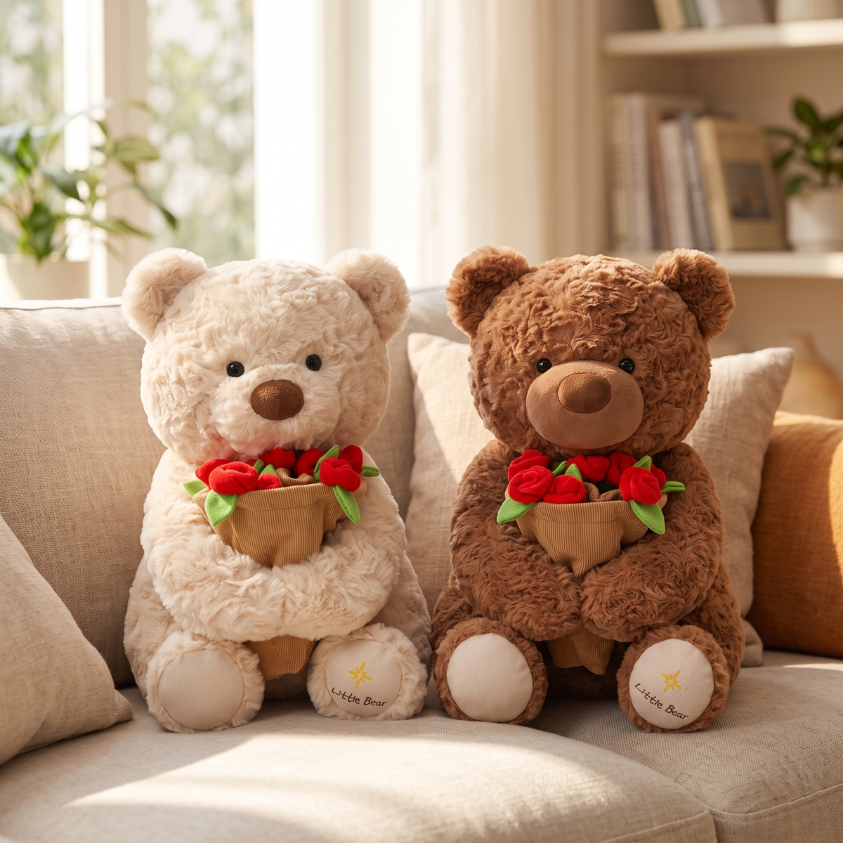 Cream and brown plush rose bears side by side on a living room sofa