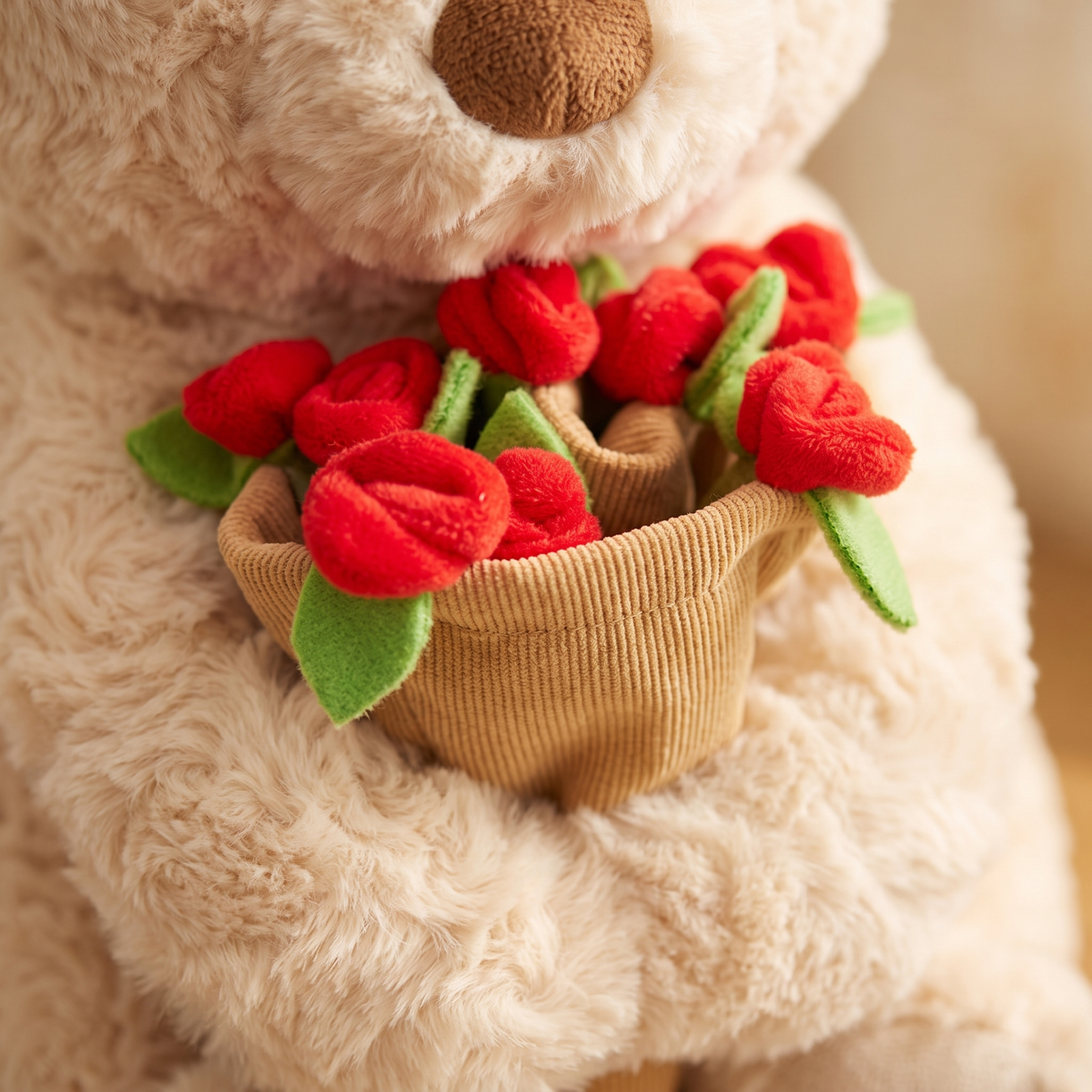 Close up of the red fabric rose bouquet in a corduroy wrap held by the plush bear