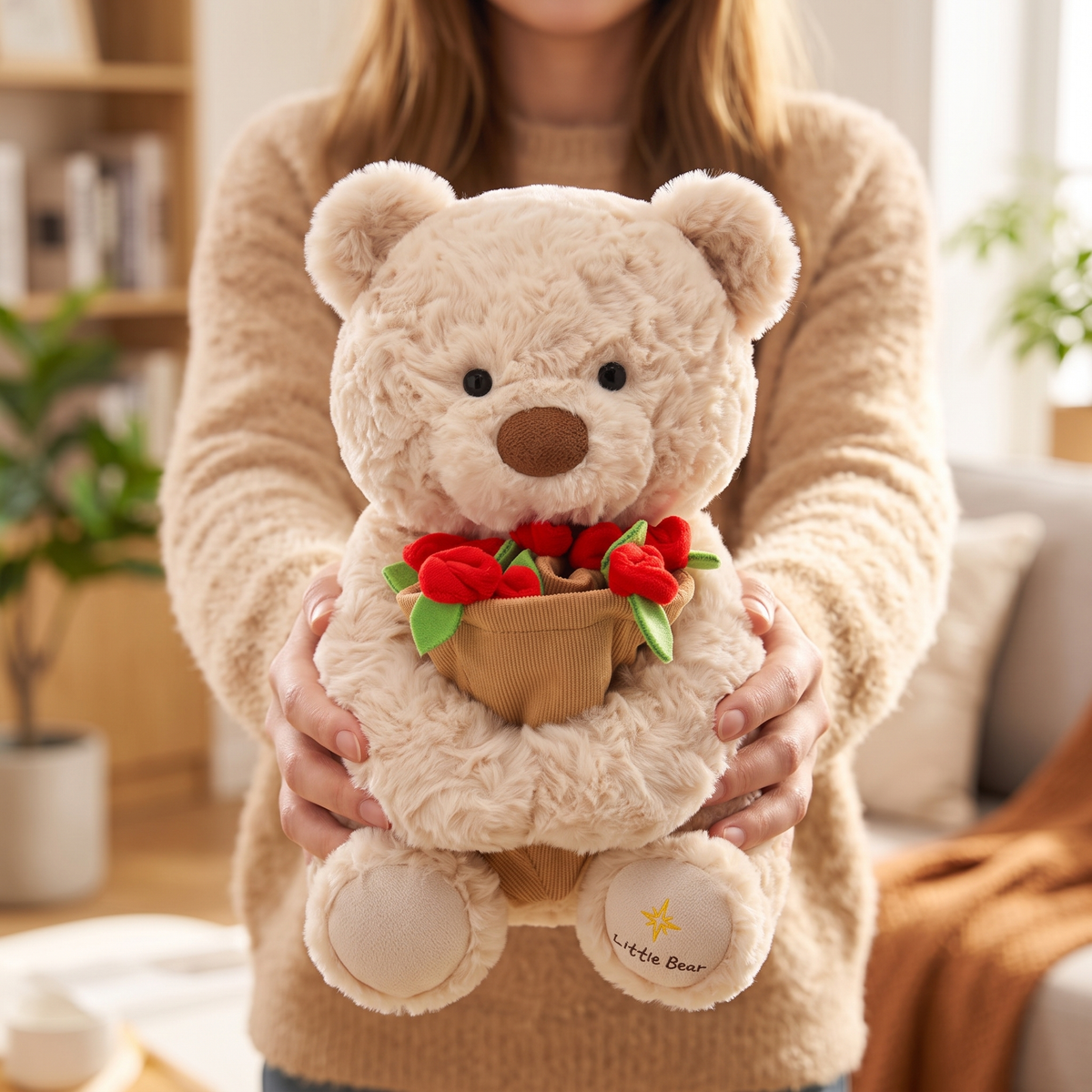 A woman holding out the cream plush rose bear as a gift in a bright living room