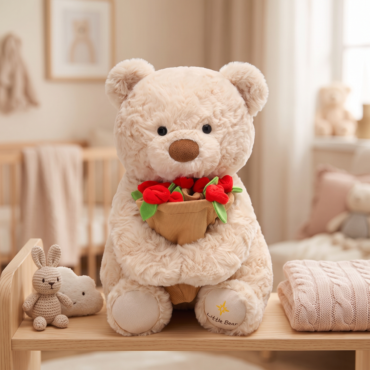 Cream plush rose bear on a nursery shelf beside soft toys and a knit blanket
