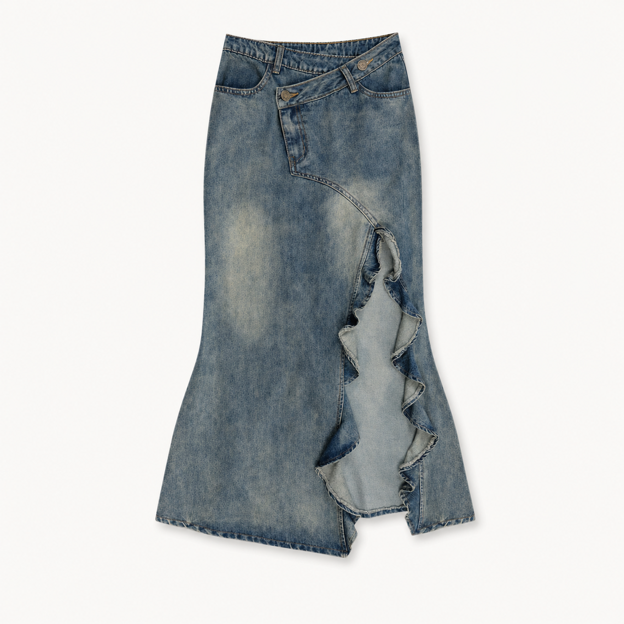 Retro denim fishtail skirt buttoned at the high waist over a tucked tee