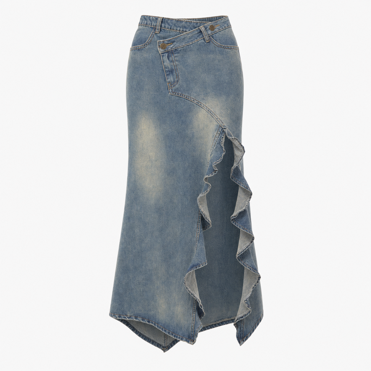 Skirt laid flat on a wooden floor next to brown loafers and a leather belt