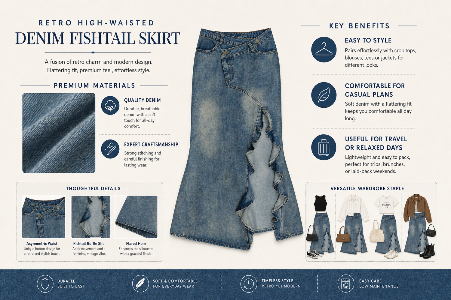 retro high waisted denim fishtail skirt everyday product for casual day trip relaxed outing with easy styling wearable c 5