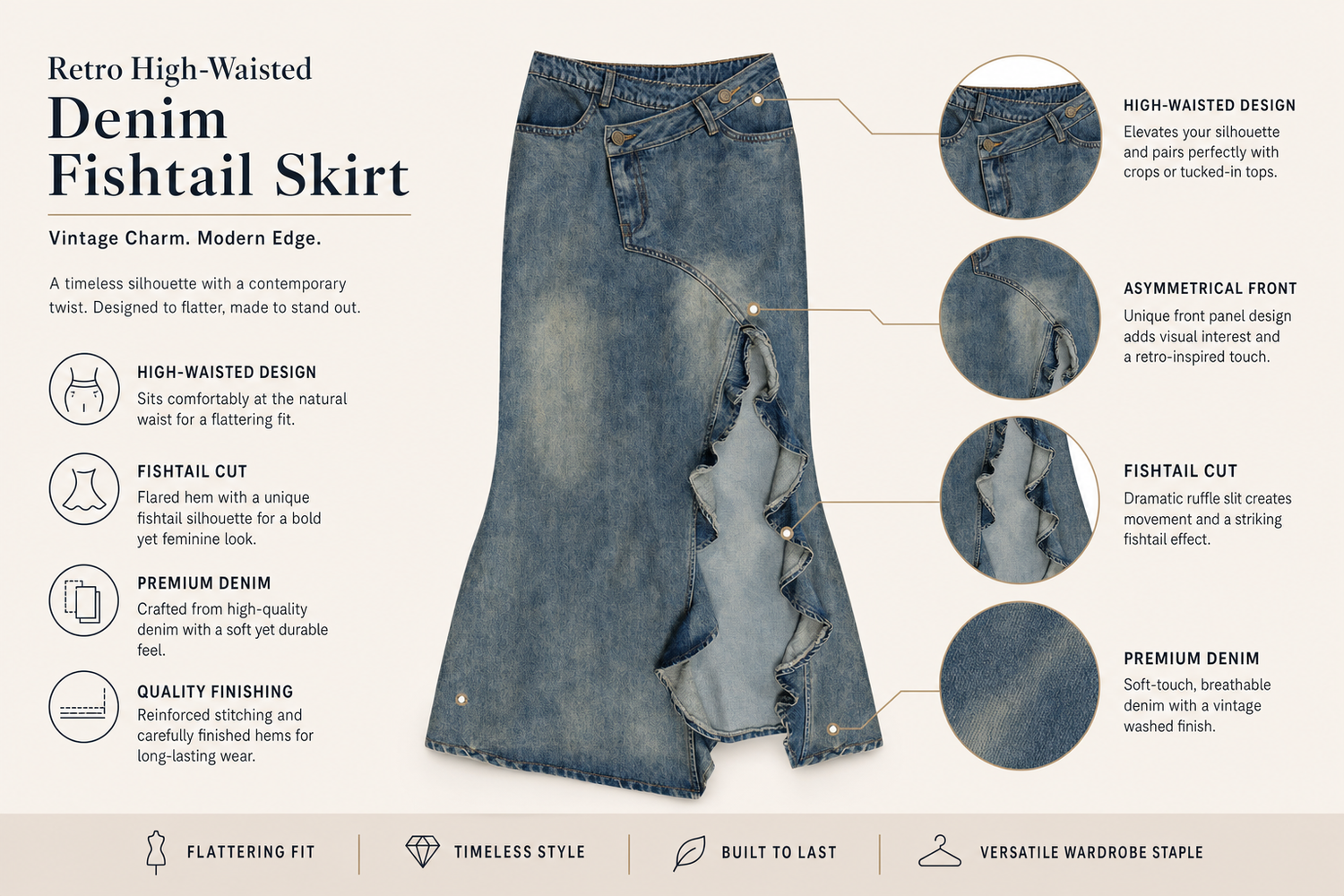 retro high waisted denim fishtail skirt everyday product for casual day trip relaxed outing with easy styling wearable c 6