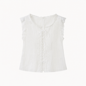 White lace trim flutter sleeve blouse, front view showing neckline lace and loose sleeves