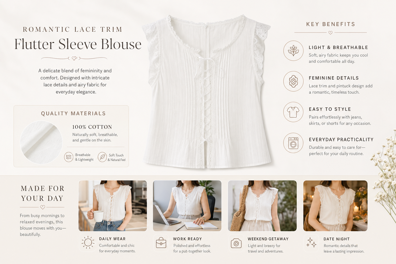 romantic lace trim flutter sleeve blouse everyday product for busy day simple errand everyday routine with practical val 5