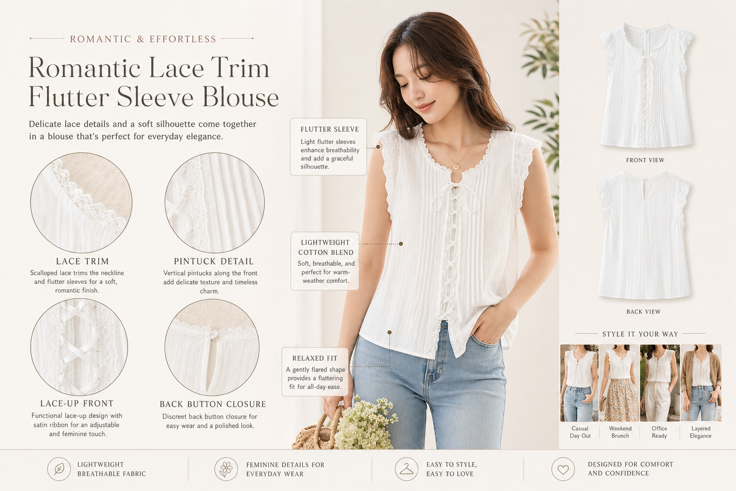 romantic lace trim flutter sleeve blouse everyday product for busy day simple errand everyday routine with practical val 6