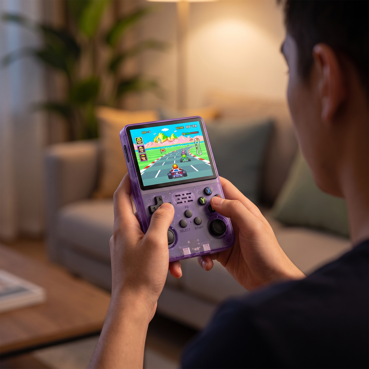 Person playing the translucent R36S handheld retro game console in both hands in a cozy living room