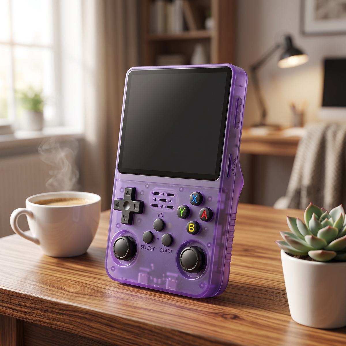 Purple translucent R36S handheld retro game console on a wooden desk with coffee and a plant