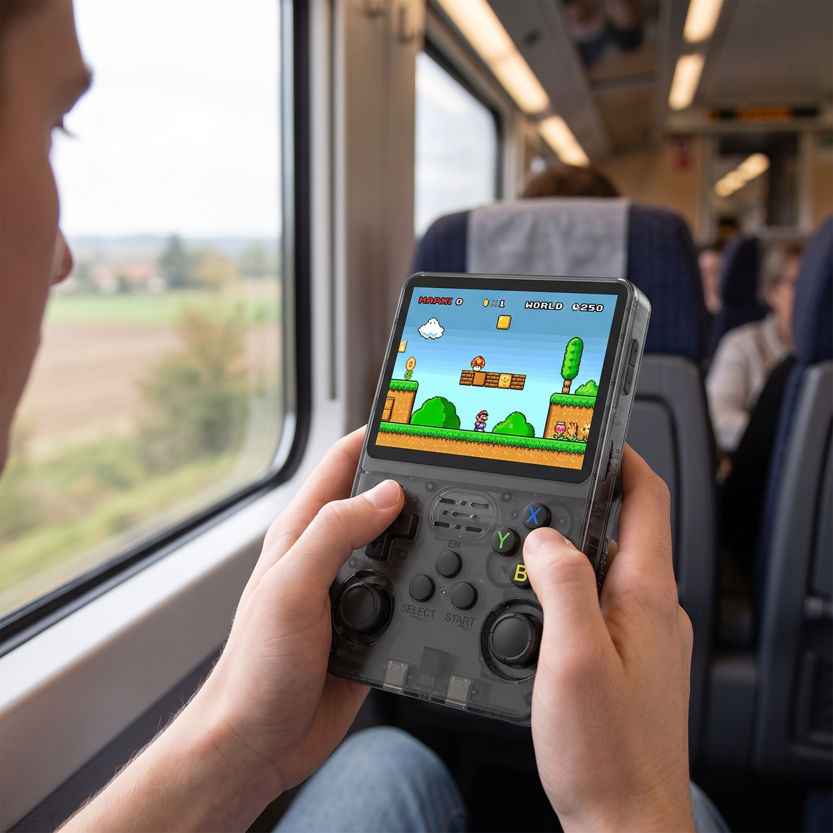 Traveler playing the black translucent R36S handheld retro game console by a train window
