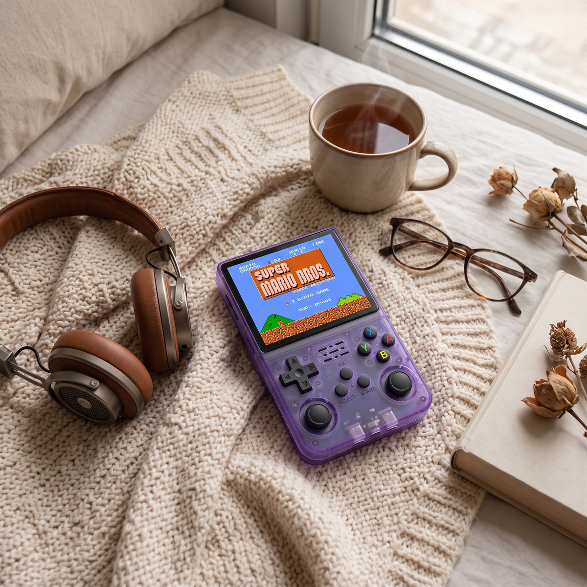 Translucent R36S handheld retro game console flatlay on a knitted blanket with headphones and a mug