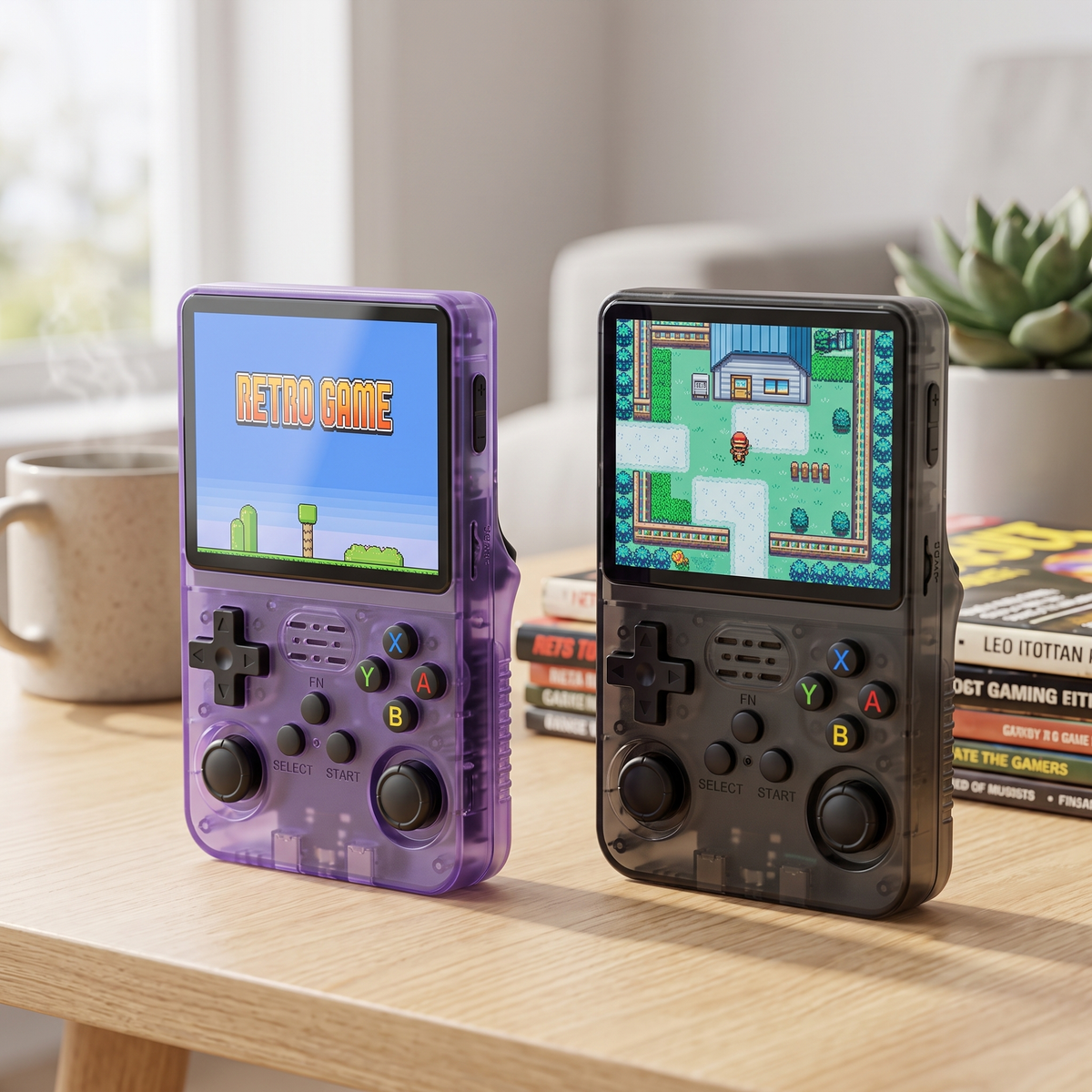 Purple and black translucent R36S handheld retro game consoles side by side on a table