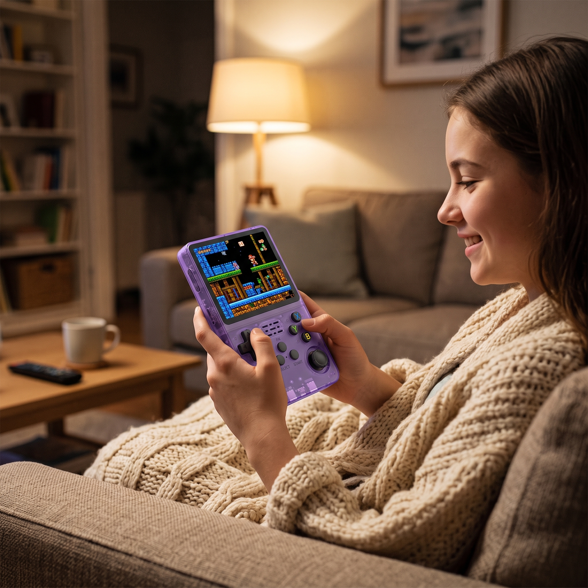 Young person relaxing on a couch playing the purple translucent R36S handheld retro game console