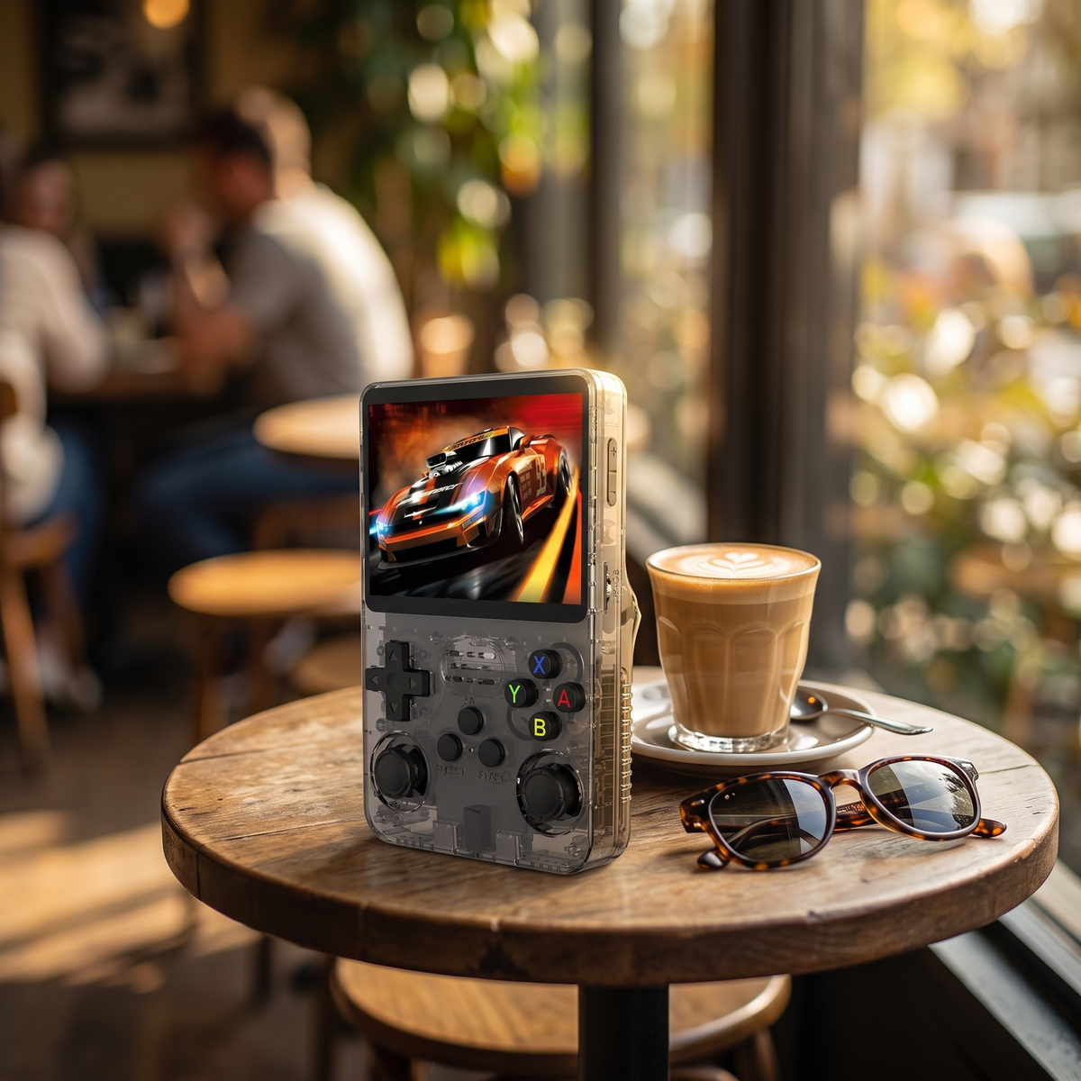 Black translucent R36S handheld retro game console on a cafe table with a latte and sunglasses