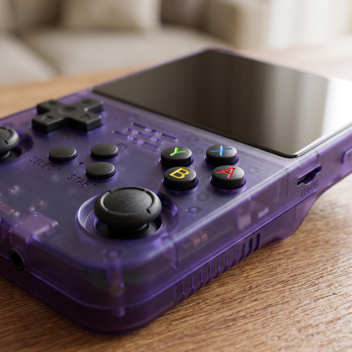 Macro detail of the purple translucent R36S handheld console action buttons and joystick