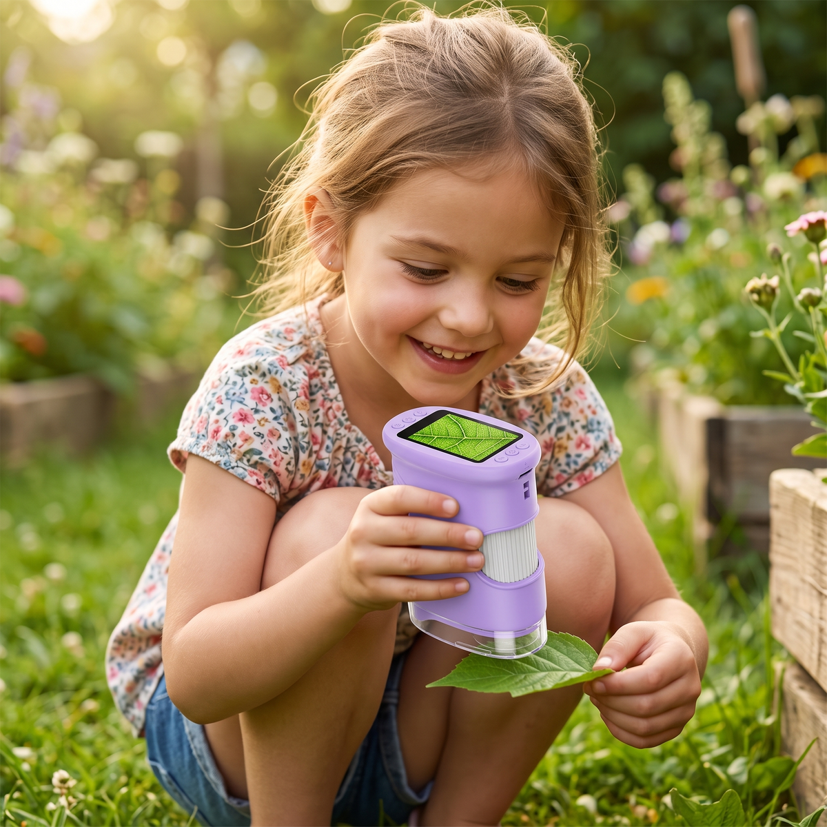 Child using purple kids digital microscope on a leaf in a sunny garden