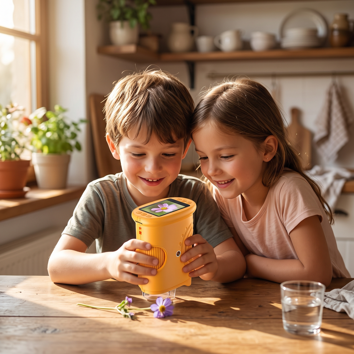 Two children looking at a flower through the orange kids digital microscope at home