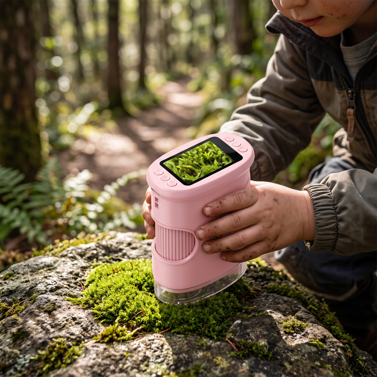 Child examining moss with the pink kids digital microscope on a forest walk