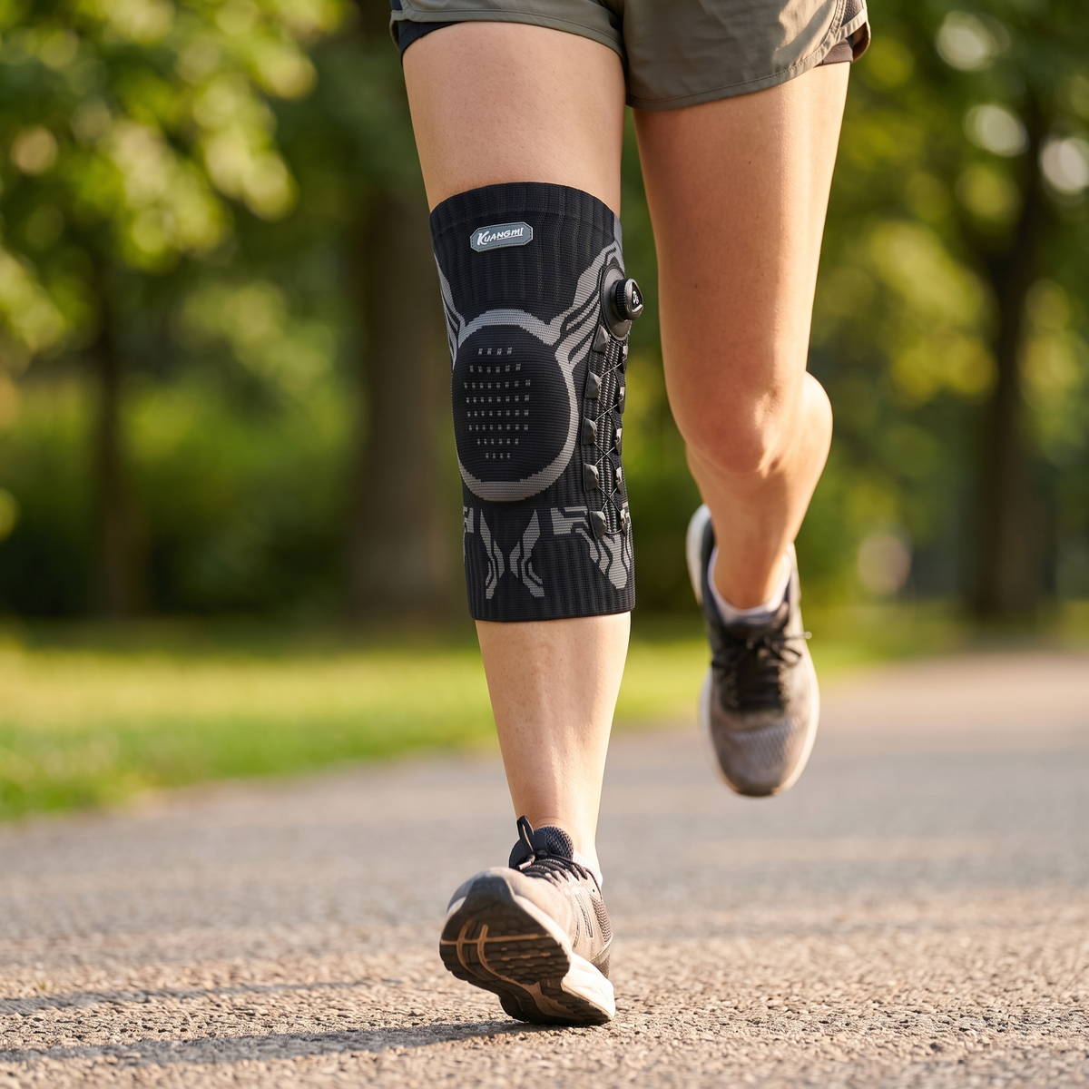 Runner wearing the black KUANGMI knee brace on a park path