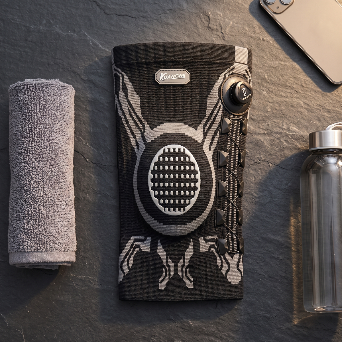 Flatlay of the black KUANGMI knee brace with a gym towel and water bottle