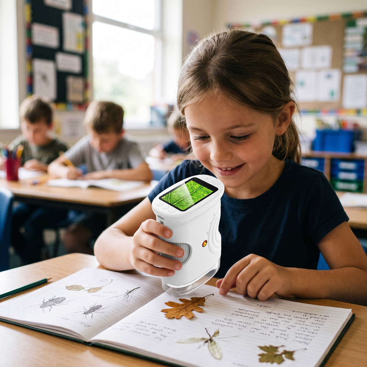 Child using the white kids digital microscope over a nature notebook in class