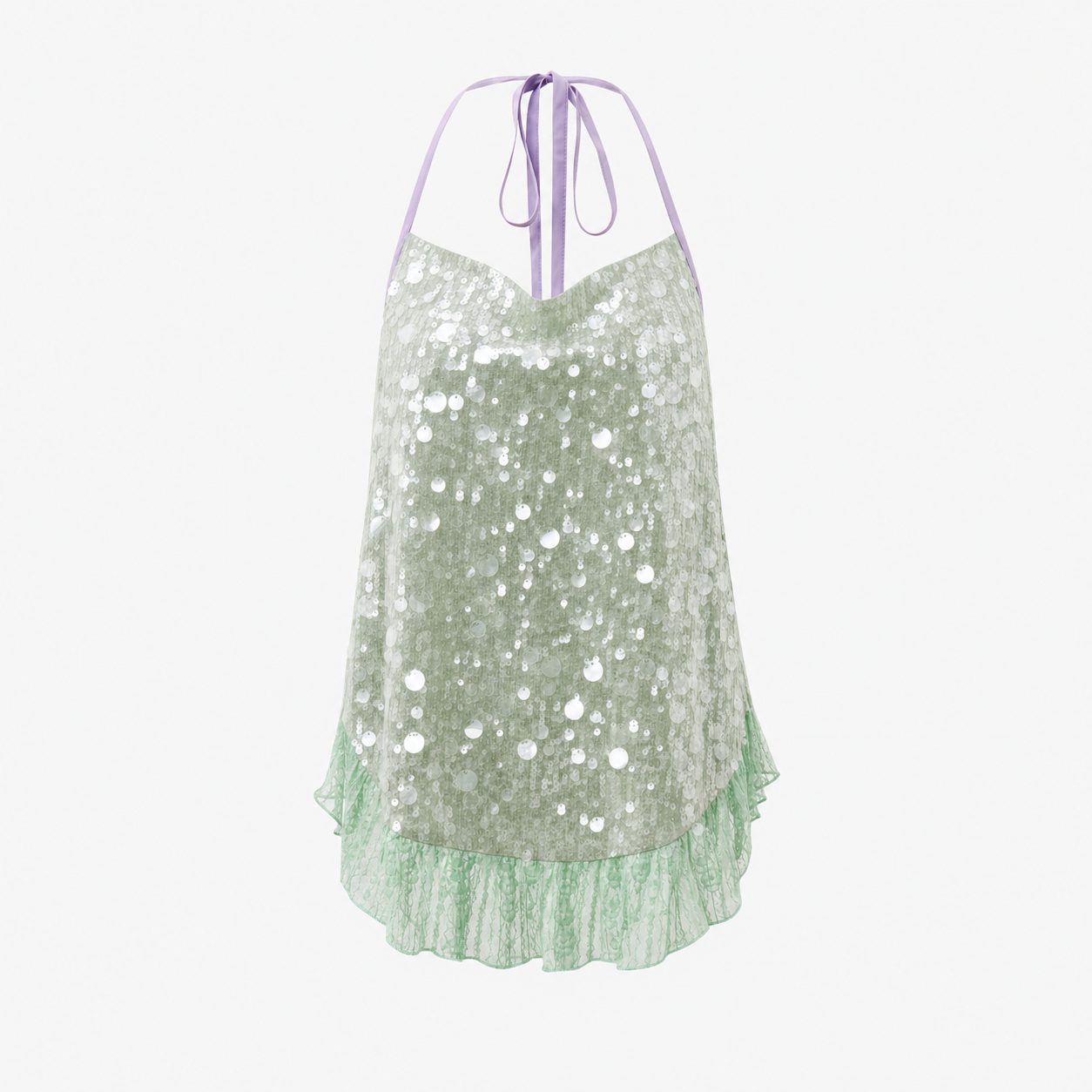 Sequin fishtail halter neck dress photographed against a dark backdrop