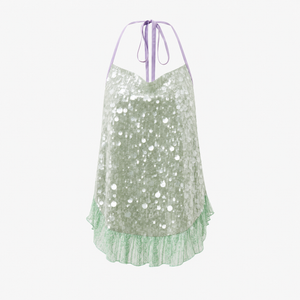 Sequin fishtail halter neck dress photographed against a dark backdrop