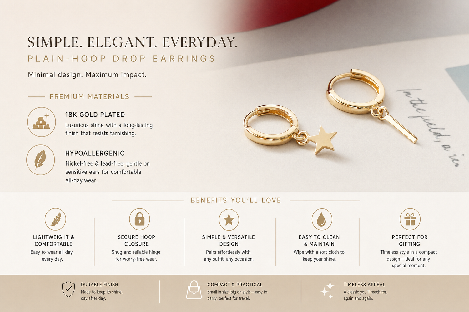 simple and compact plain hoop drop earrings ear clips everyday product for busy day simple errand everyday routine with 5