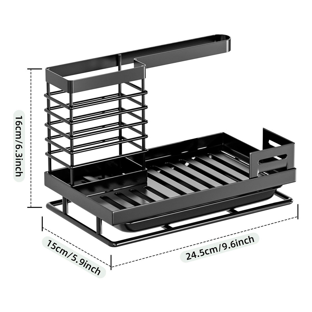 Black sink caddy in square format with the exact cage, shelf, lower tray, side rail and end compartment