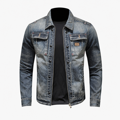 Blue men's trucker jacket worn open over a tee in a casual outfit