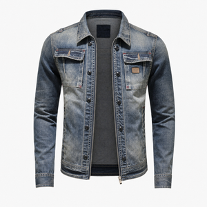 Front view of the blue trucker jacket showing the full button placket