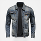 Close-up of the chest pocket and button detail on the blue jacket