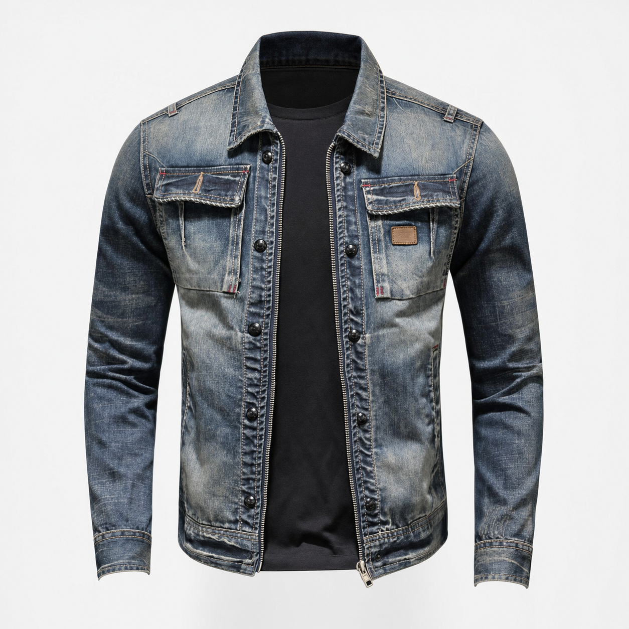 Close-up of the chest pocket and button detail on the blue jacket
