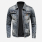 Side angle of the blue men's trucker jacket showing the slim cut