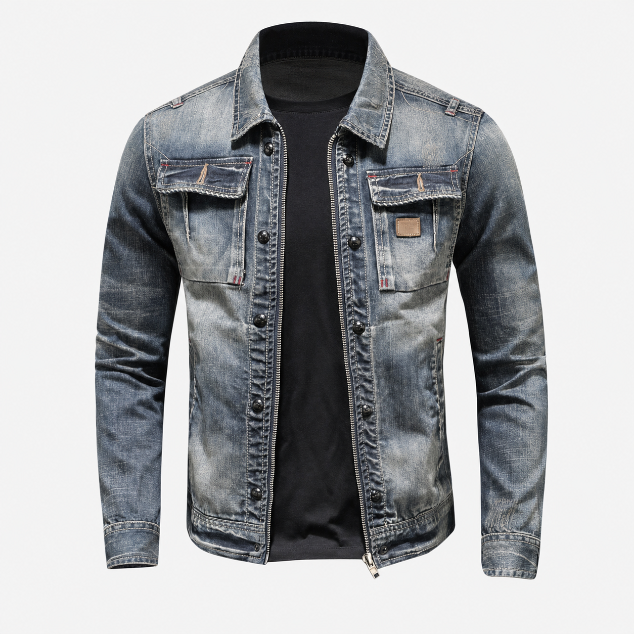 Side angle of the blue men's trucker jacket showing the slim cut