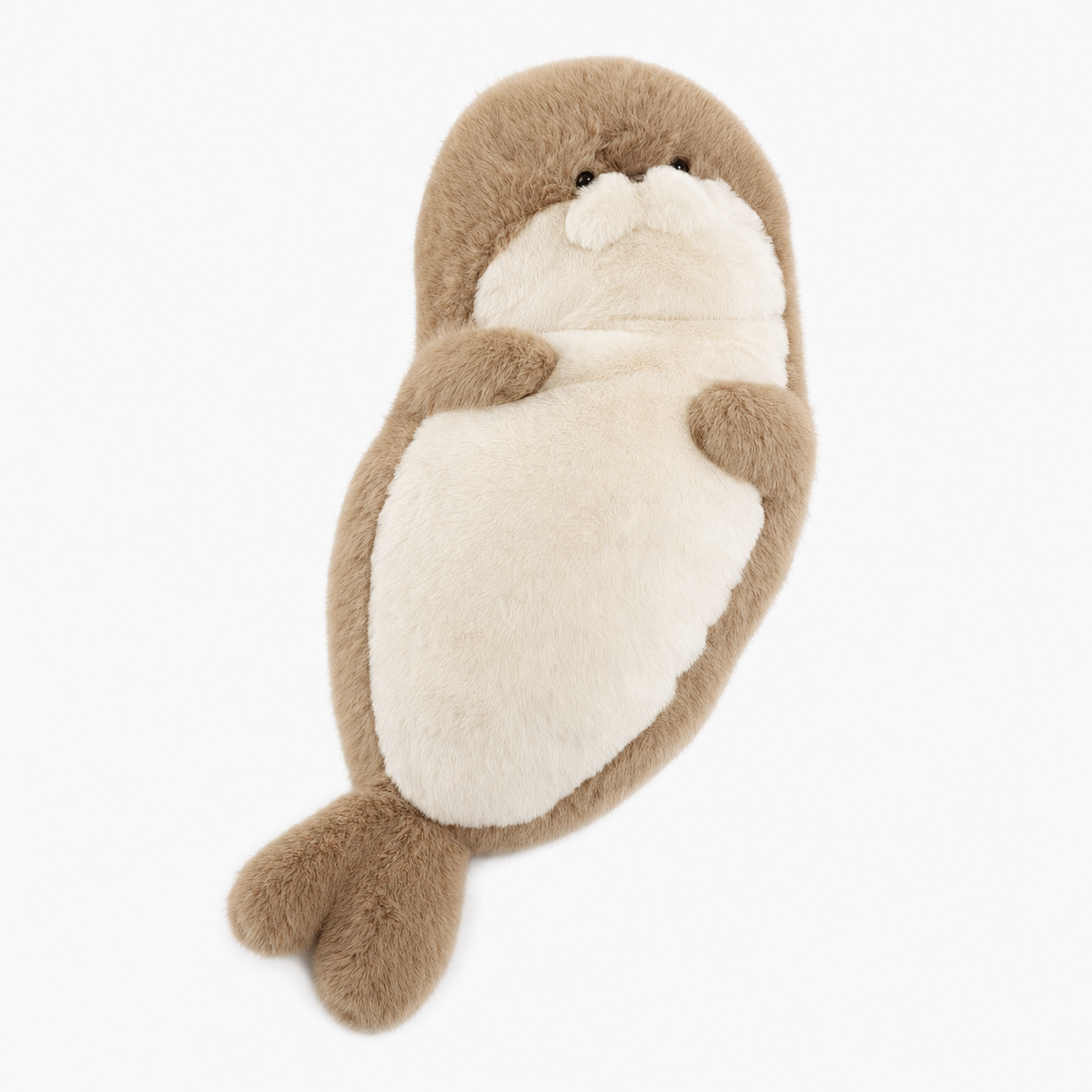 Side angle of the seal plush toy showing its rounded stuffed shape