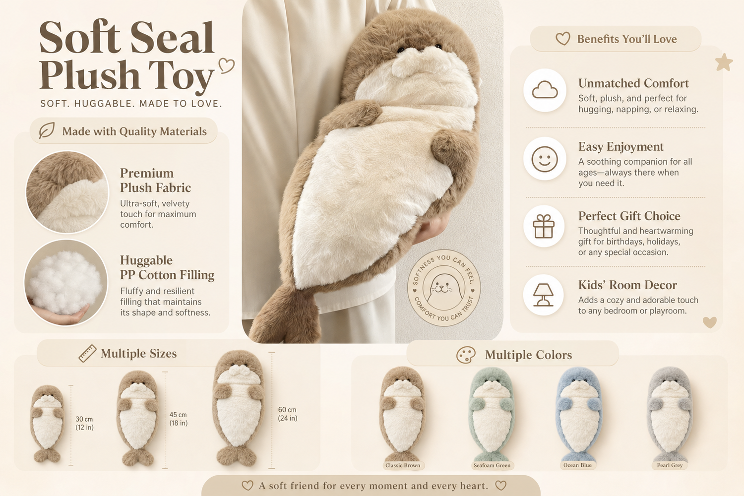 soft seal plush toy huggable stuffed animal with cozy pp cotton filling multiple sizes colors ideal for kids room decor 5