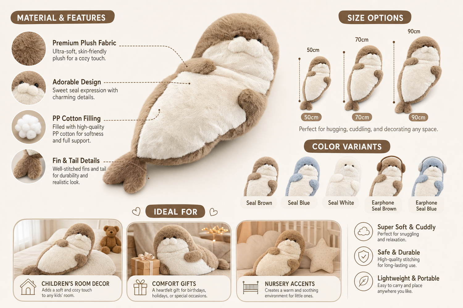 soft seal plush toy huggable stuffed animal with cozy pp cotton filling multiple sizes colors ideal for kids room decor 6